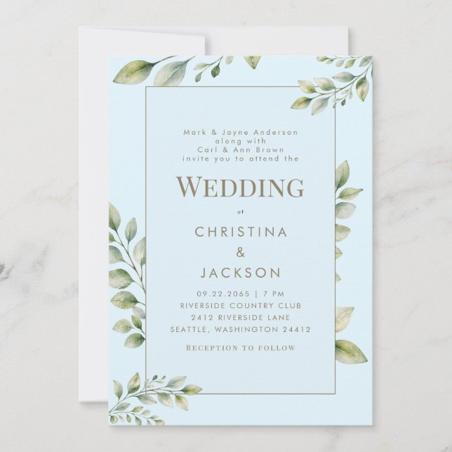 Ice Blue Greenery Both Parents Wedding Invitation (Front)