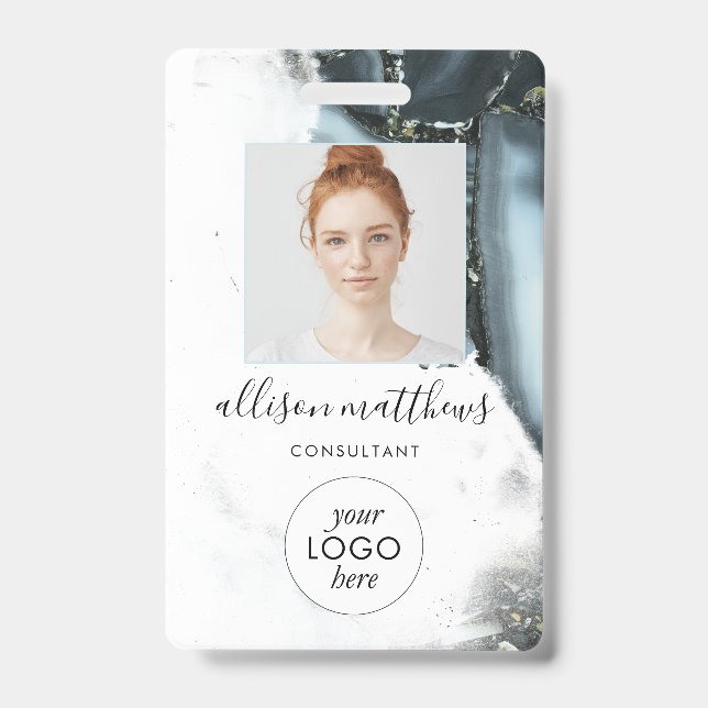Ice Blue Grey Black Marble Background  ID Badge (Front)