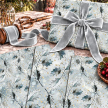 Ice Blue Grey Winter Holly Berries Golden Snowfall
