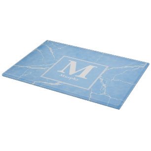 Ice Blue Marble with White Veins Monogram Cutting Board