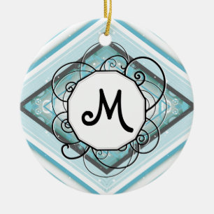 Ice Blue Modern-Retro Stripe Diamond with Monogram Ceramic Tree Decoration