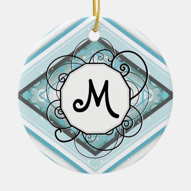 Ice Blue Modern-Retro Stripe Diamond with Monogram Ceramic Tree Decoration (Front)