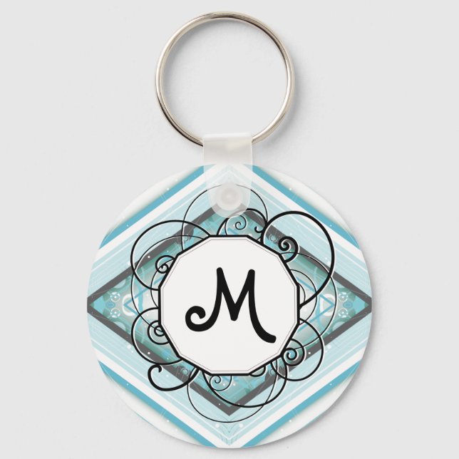 Ice Blue Modern-Retro Stripe Diamond with Monogram Key Ring (Front)