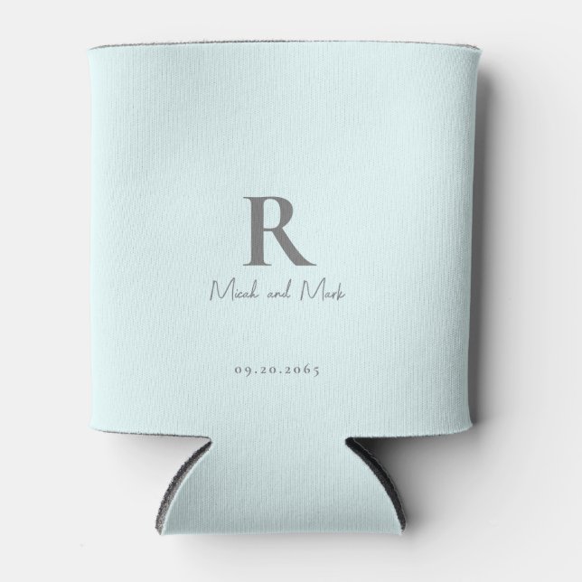Ice Blue Monogram and Couple Names Wedding Can Cooler (Front)
