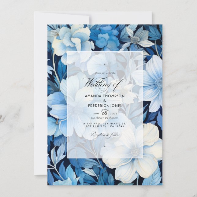 Ice Blue, Navy and White Floral Wedding Invitation (Front)