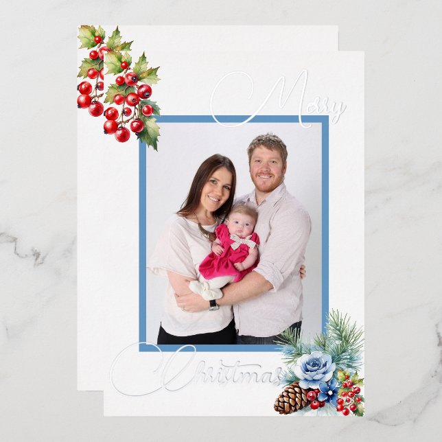 Ice Blue on White with Berries Christmas Greeting (Front/Back)