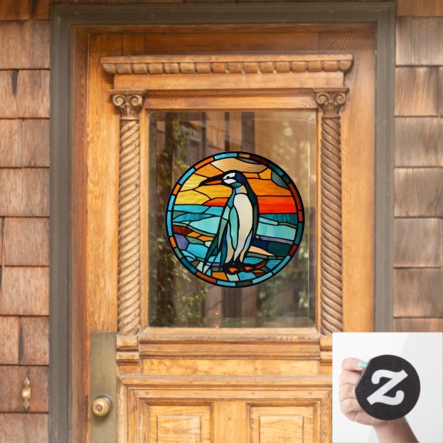 Ice Blue Penguin Sunset Faux Stained Glass  (Home Door)