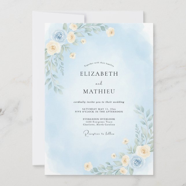 Ice Blue Peony Wedding Invitation (Front)