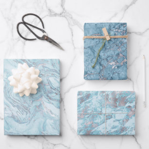 Ice Blue Silver Marble Glitz Wrapping Paper Sheet