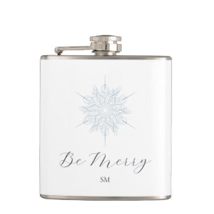 Ice Blue Snowflake Elegant Be Merry Monogram Hip Flask