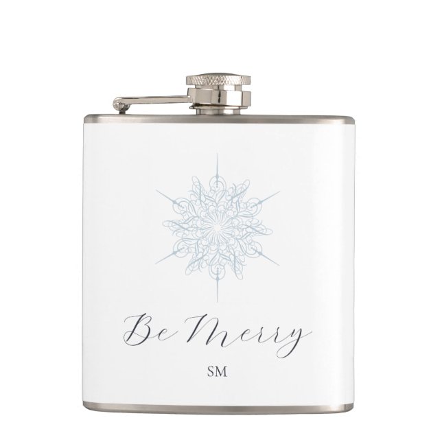 Ice Blue Snowflake Elegant Be Merry Monogram Hip Flask (Front)