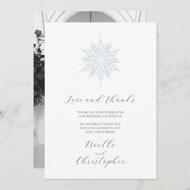 Ice Blue Snowflake Elegant Winter Wedding Photo Thank You Card (Front/Back)