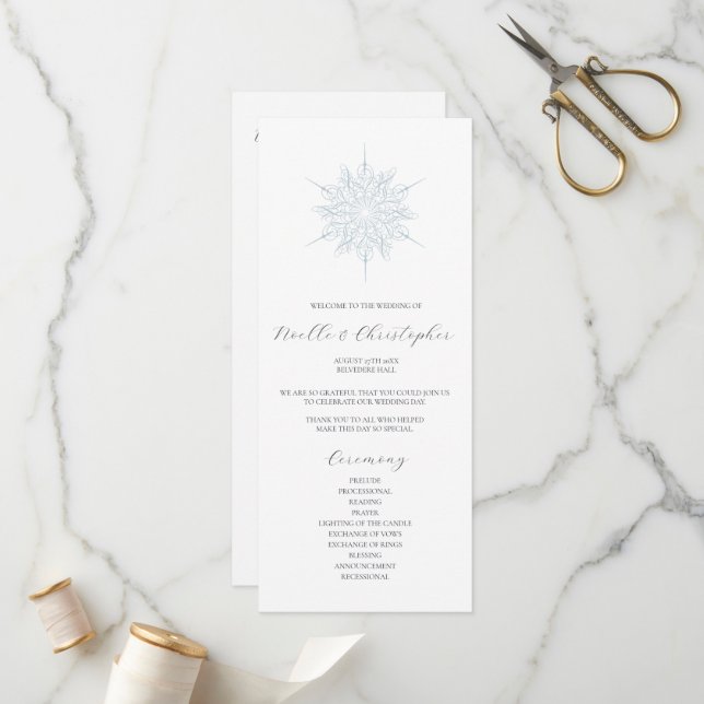 Ice Blue Snowflake Elegant Winter Wedding Programme (Front/Back In Situ)