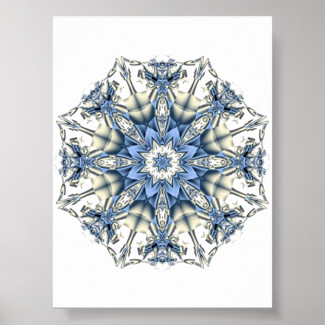 Ice Blue Snowflake Kaleidoscope Fractal Mandala Poster (Front)