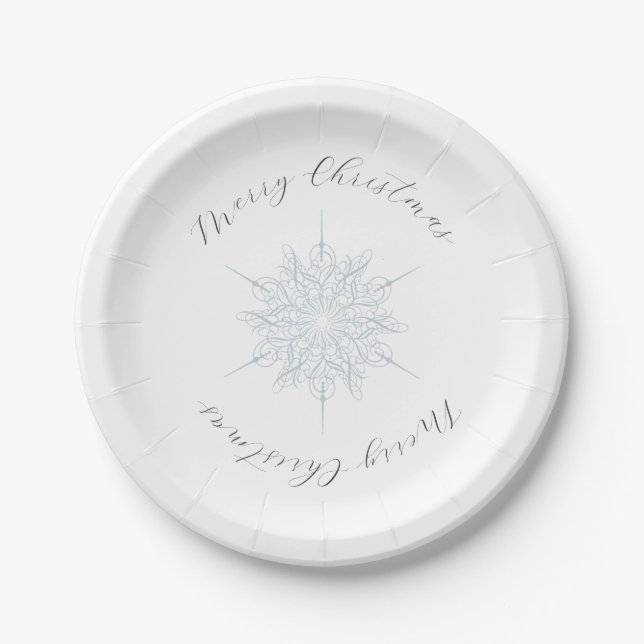 Ice Blue Snowflake Merry Christmas Paper Plate (Front)