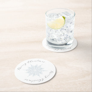 Ice Blue Snowflake Merry Christmas Round Paper Coaster