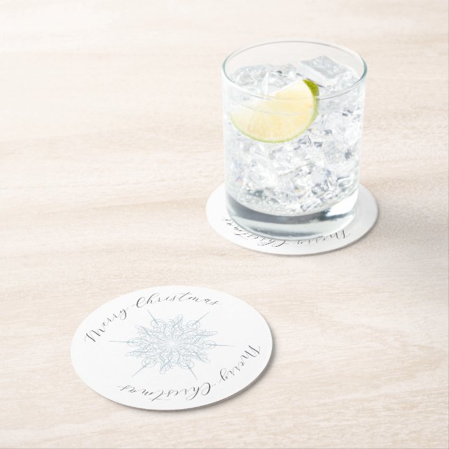 Ice Blue Snowflake Merry Christmas Round Paper Coaster (Insitu)