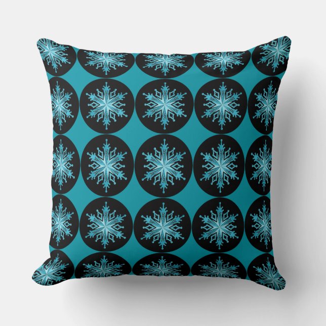 Ice Blue Snowflake Pattern Teal and Black Pillow (Front)