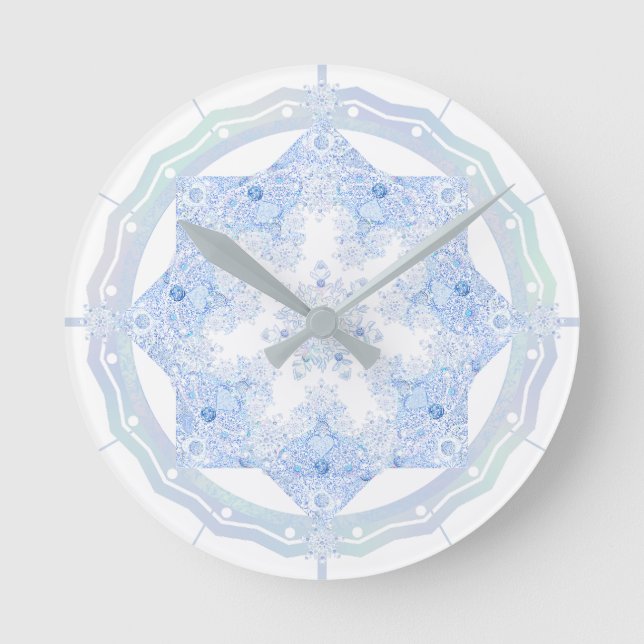 Ice Blue Snowflake Round Clock (Front)