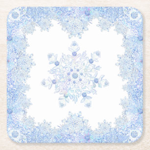 Ice blue snowflake square paper coaster