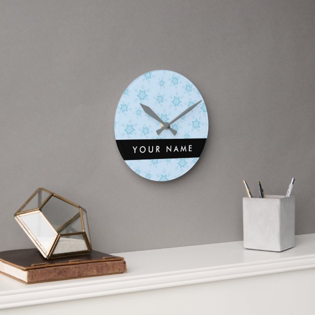 Ice Blue Snowflakes, Your name, Personalise Round Clock (Office)