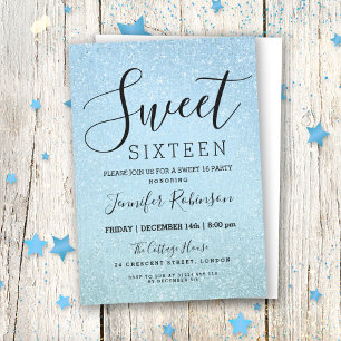 Ice Blue Sweet 16 Birthday Glitter Look Paint Invitation