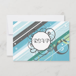 Ice Blue & Teal Modern-Retro Stripes with Monogram RSVP Card