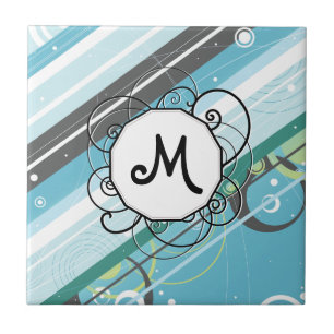 Ice Blue & Teal Modern-Retro Stripes with Monogram Tile