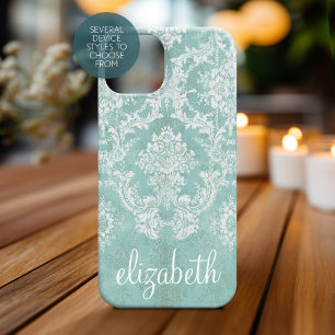 Ice Blue Vintage Damask Pattern Grungy Finish