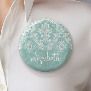 Ice Blue Vintage Damask Pattern with Grungy Finish 6 Cm Round Badge