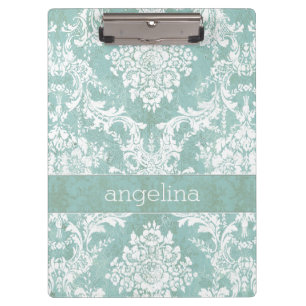 Ice Blue Vintage Damask Pattern with Grungy Finish Clipboard