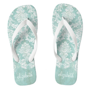 Ice Blue Vintage Damask Pattern with Grungy Finish Jandals