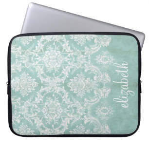 Ice Blue Vintage Damask Pattern with Grungy Finish Laptop Sleeve