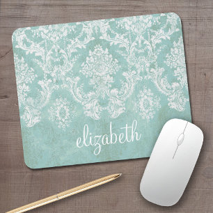 Ice Blue Vintage Damask Pattern with Grungy Finish Mouse Pad