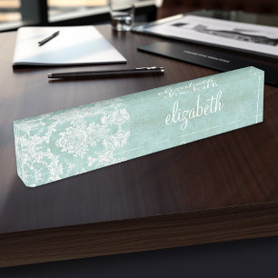 Ice Blue Vintage Damask Pattern with Grungy Finish Nameplate