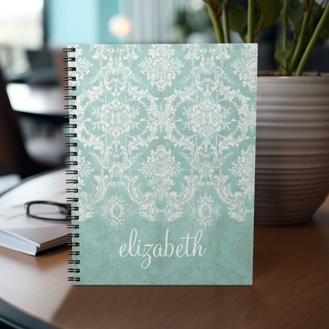 Ice Blue Vintage Damask Pattern with Grungy Finish Spiral Notebook (Personalized notebook - add your name or other text)