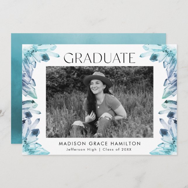 Ice Blue Watercolor Crystal Photo Graduation Party Invitation (Front/Back)