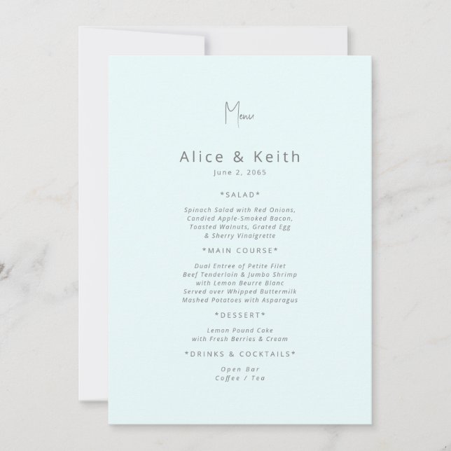 Ice Blue Wedding Menu Invitation (Front)