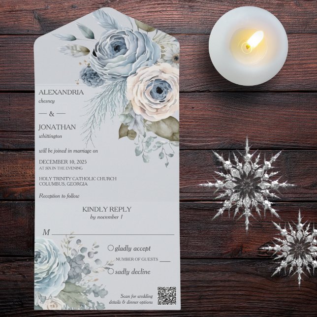 Ice Blue Winter Floral on Pale Blue QR Code All In One Invitation (Also available without QR code. )