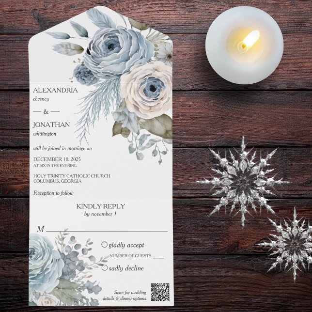 Ice Blue Winter Floral QR Code All In One Invitation (Creator Uploaded)