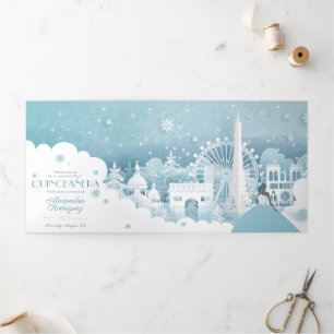 Ice Blue Winter in Paris Quinceañera Tri-Fold Invi Invitation