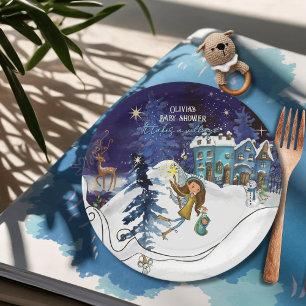 Ice Blue Winter Village Baby Shower Swirl Frame Paper Plate