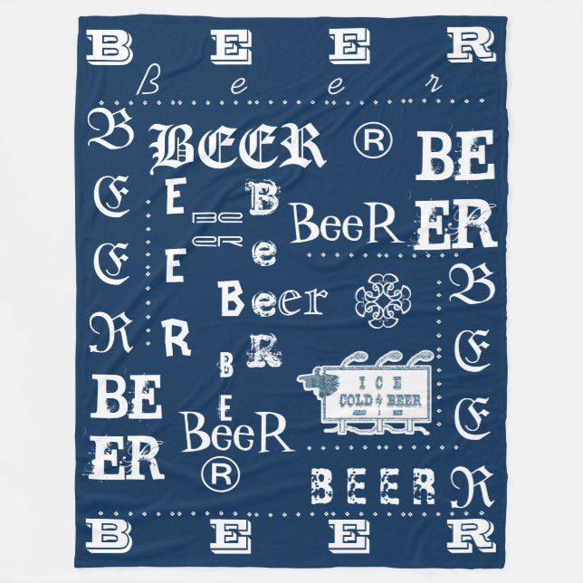Ice Cold Beer Sign- White and Blue Fleece Blanket (Front)