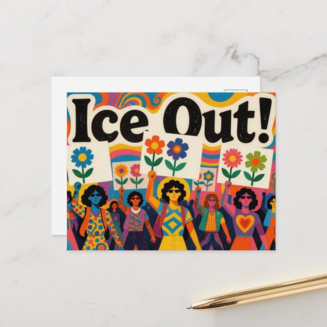 Ice Colorful Hippie People Out Protest Postcard (Front/Back In Situ)