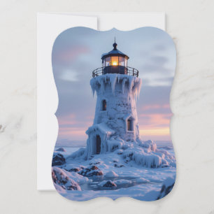 Ice covered lighthouse holiday card