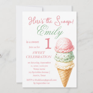 Ice Cream 1st Birthday Girl Pink Watercolor Invitation