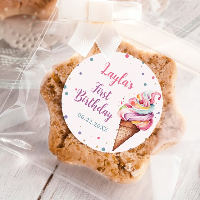 Ice Cream 1st Birthday Party Classic Round Sticker (Creator Uploaded)