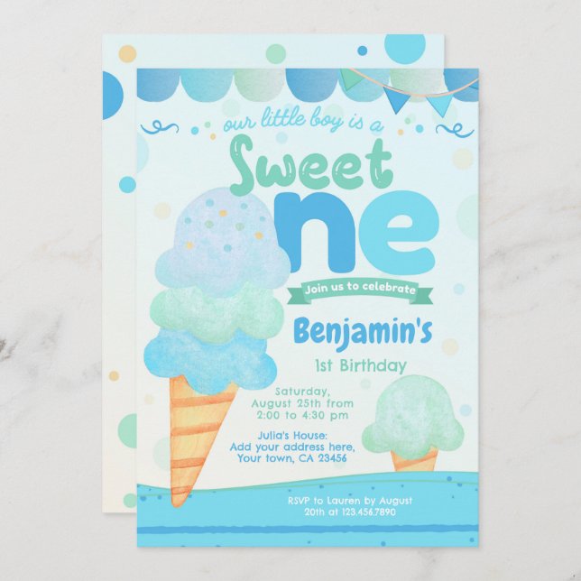 Ice Cream 1st Birthday Party Invitation  (Front/Back)