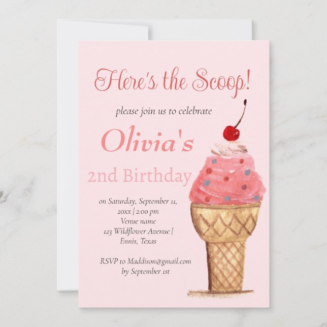 Ice Cream 2nd Birthday Girl Pink Watercolor Invitation (Front)