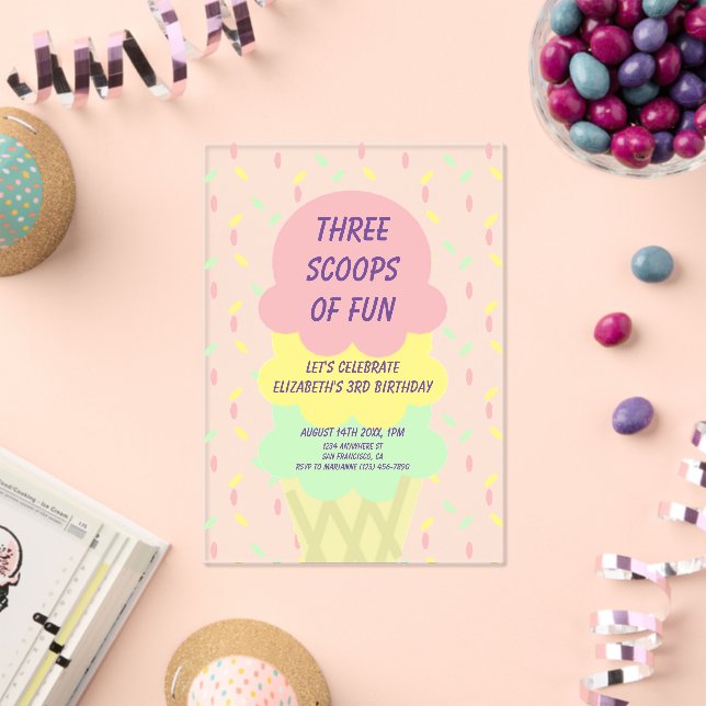 Ice Cream 3rd Birthday Acrylic Invitations (Insitu (Celebration))